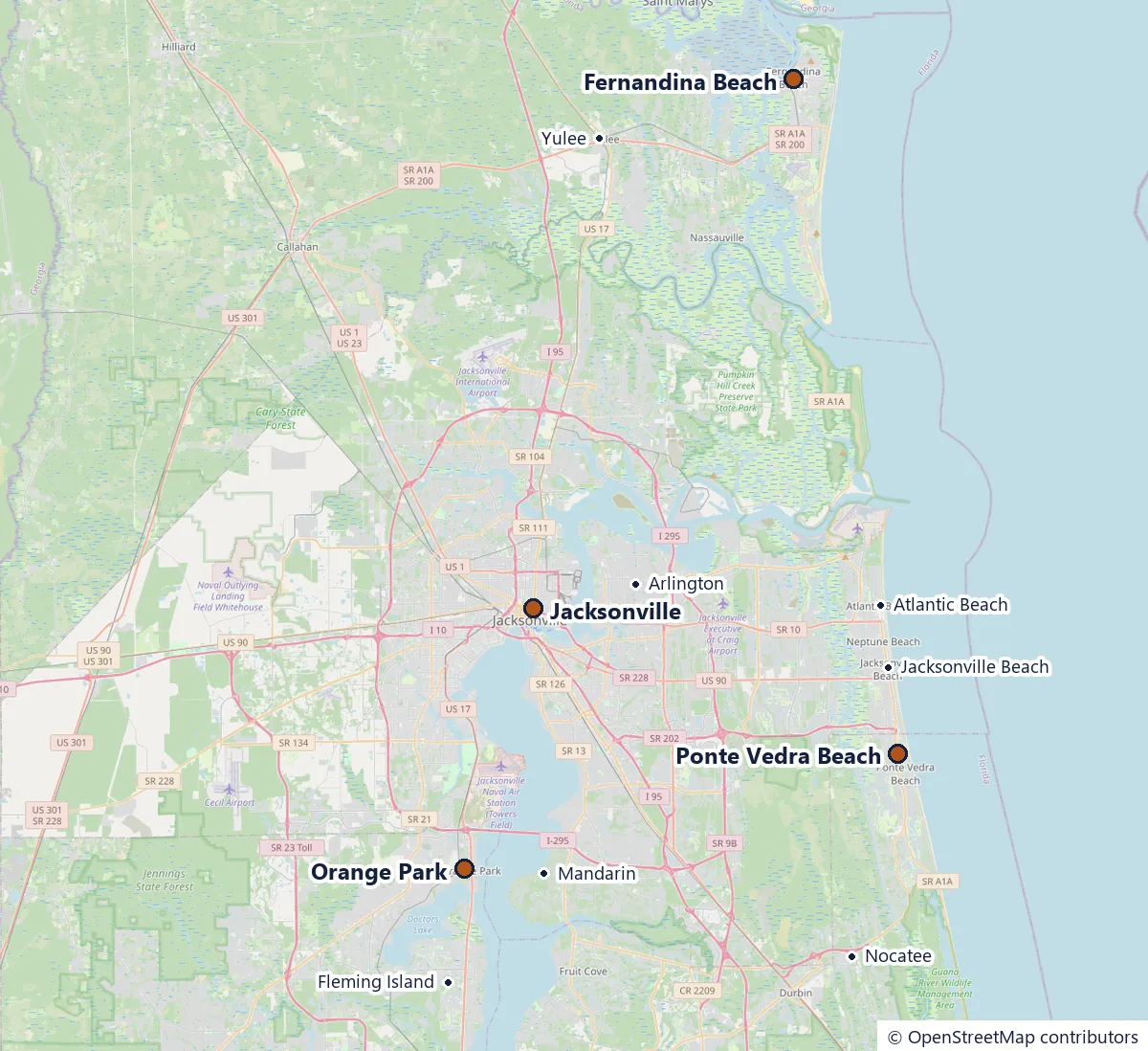 Map of Jacksonville and the First Coast from Fernandina Beach to Ponte Vedra Beach and Orange Park